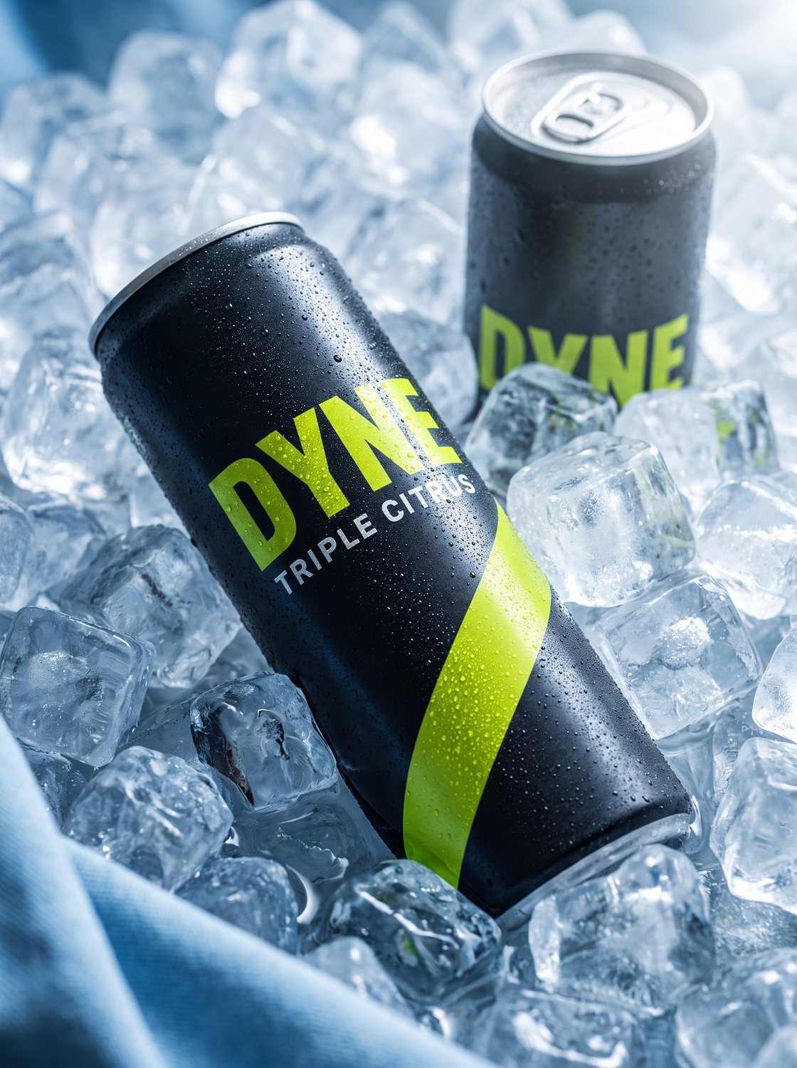 Dyne energy drink cans on ice