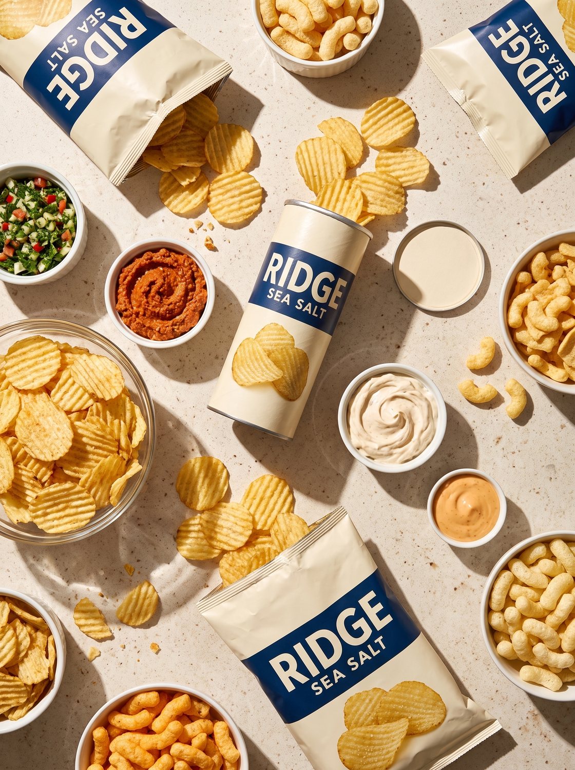 Ridge chips arranged on a table